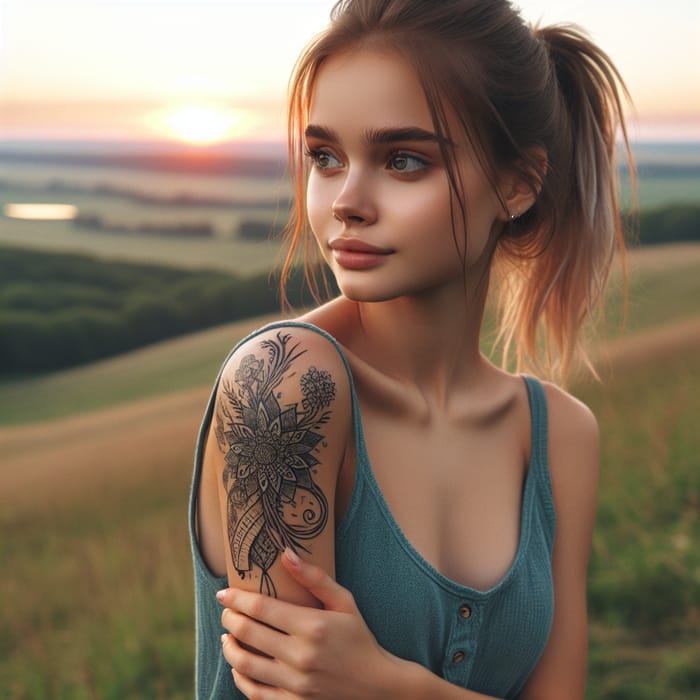 Hopeful Girl with Intricate Floral Tattoo - Serene Countryside Portrait