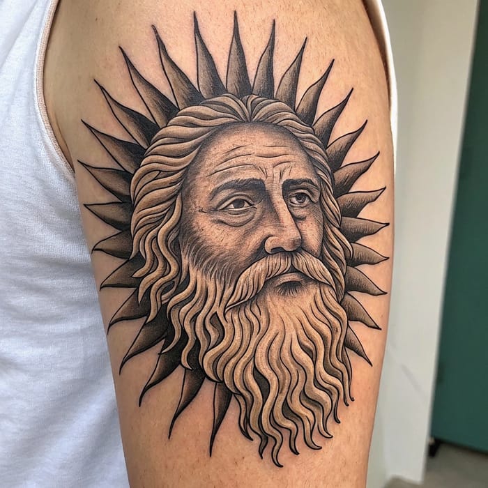 Bearded Man Sun Tattoo | Unique Body Art