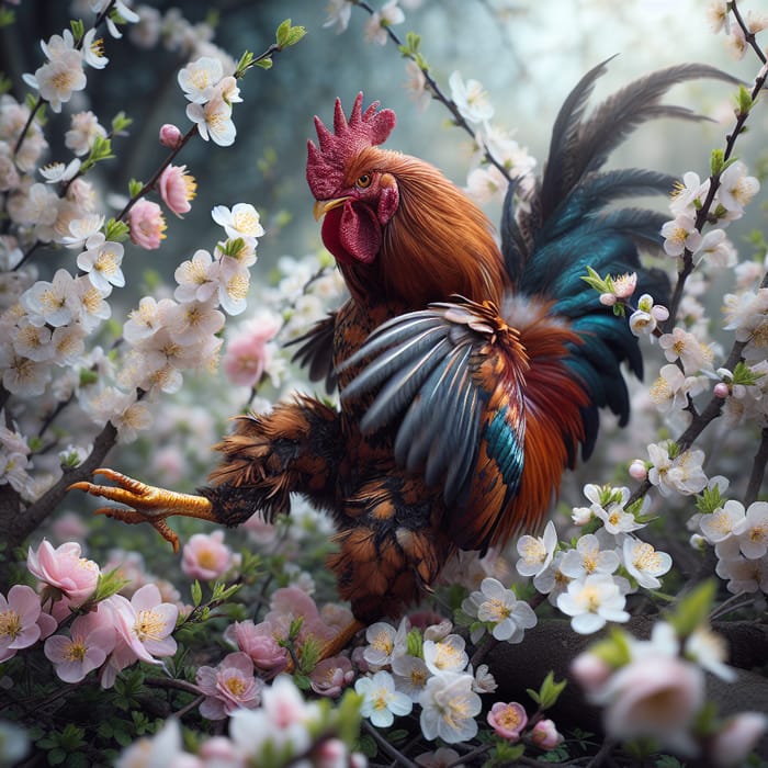 Battle Rooster in Spring Blossoms