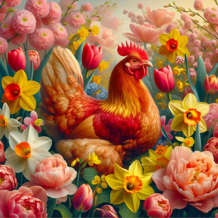 Spring Chicken Amidst Cherry Blossoms & Tulips