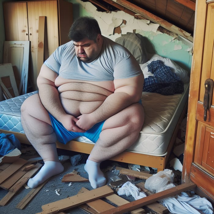 Obese Man Sitting on Damaged Bed | Broken Wardrobe Background