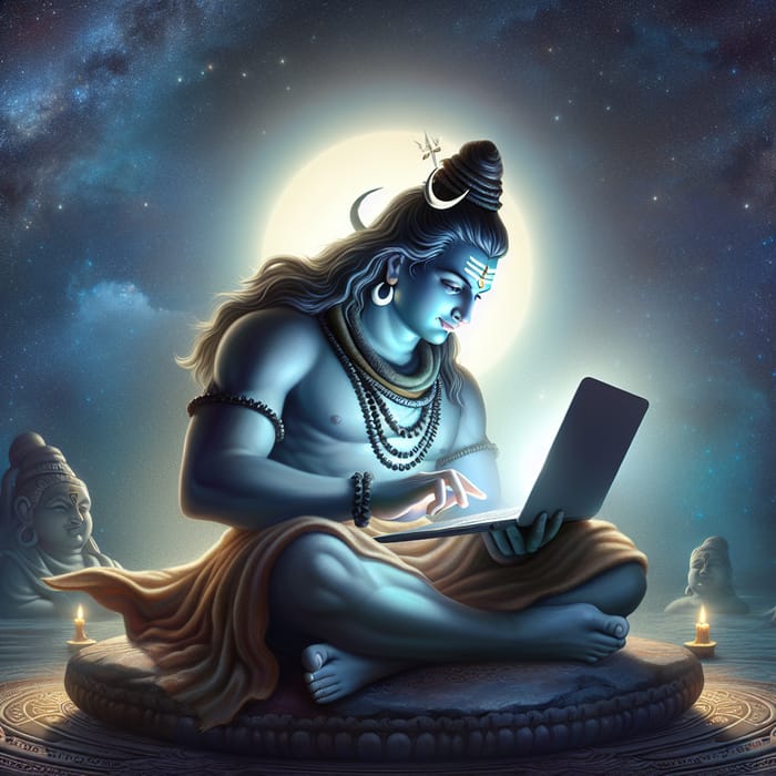 Lord Shiva Using Laptop and JavaScript - Deity Embraces Tech