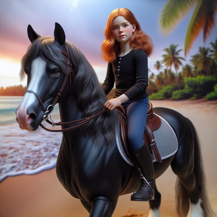 Realistic Image: 12-Year-Old Girl Riding Black Horse at Sunset on Beach