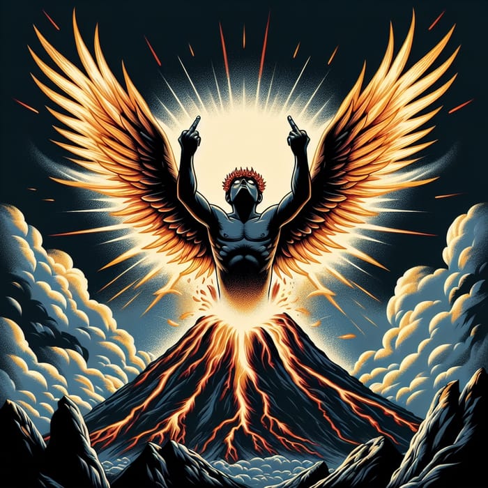 Mythical Half-Phoenix Figure Rising From Volcano