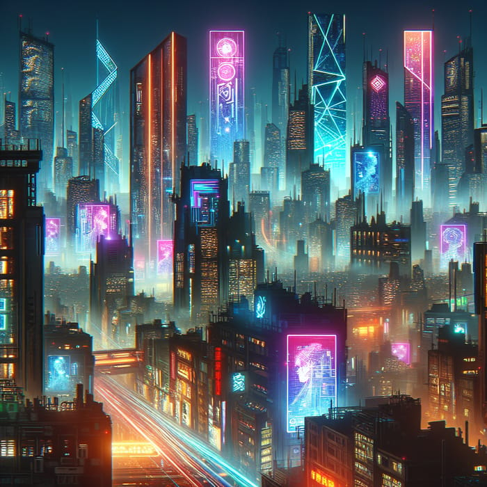 Cyberpunk City Skyline: Neon Skyscrapers & Ethereal Glow