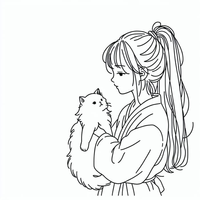 Simple Line Drawing of a Girl Holding a Cat