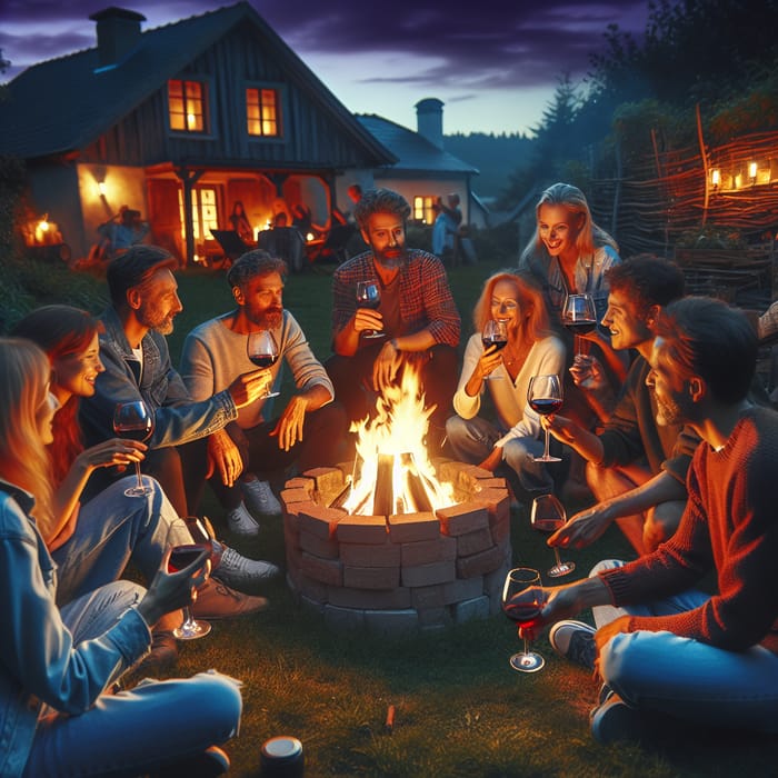 Twilight Gathering: Group Around Fire Pit with Wine & Conversation