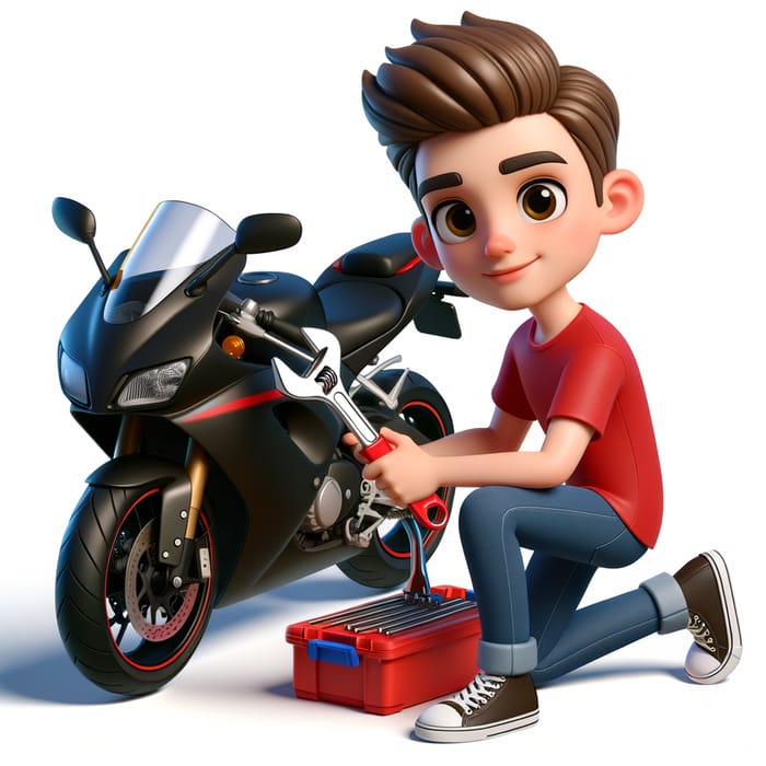 Disney Pixar Style 3D Image: Young Man in Red Shirt Fixing KTM Bike