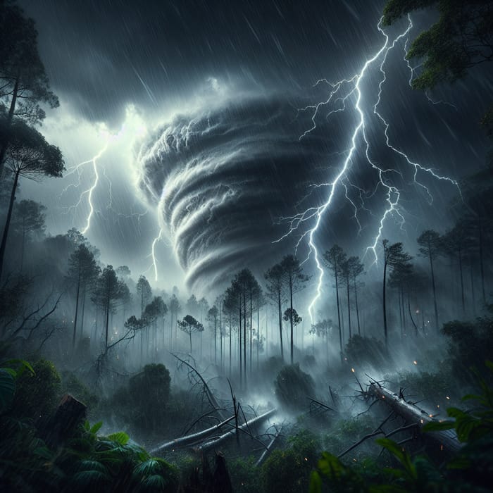 Intense Thunderstorm and Hurricane Amidst Forest