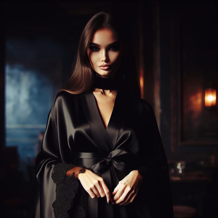 Seductive Goddess in Black Silk - Mysterious Elegance