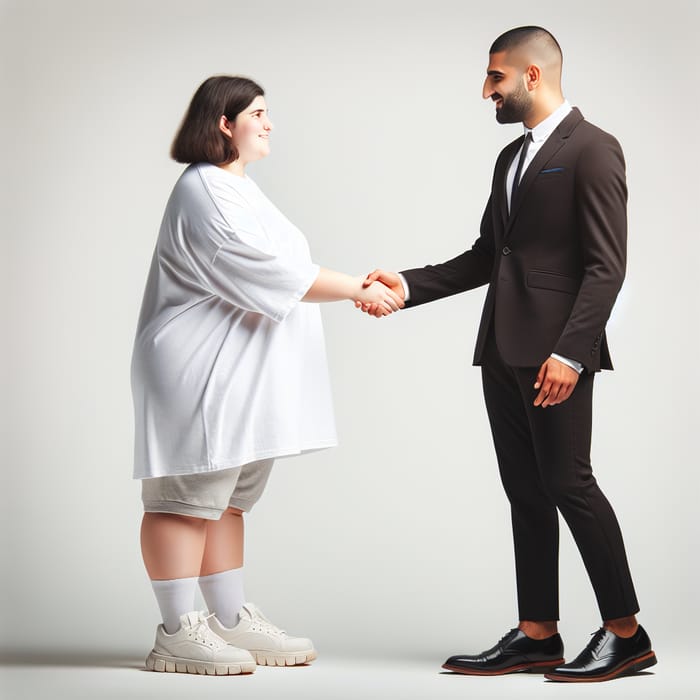 Inclusive Encounter: Heavyset Woman in Casual Attire Greets Man in Formal Wear