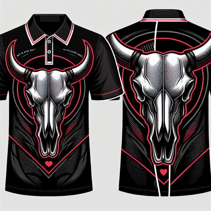 Black Polo T-Shirt with Intricate Red Bull Skull Design for Darts