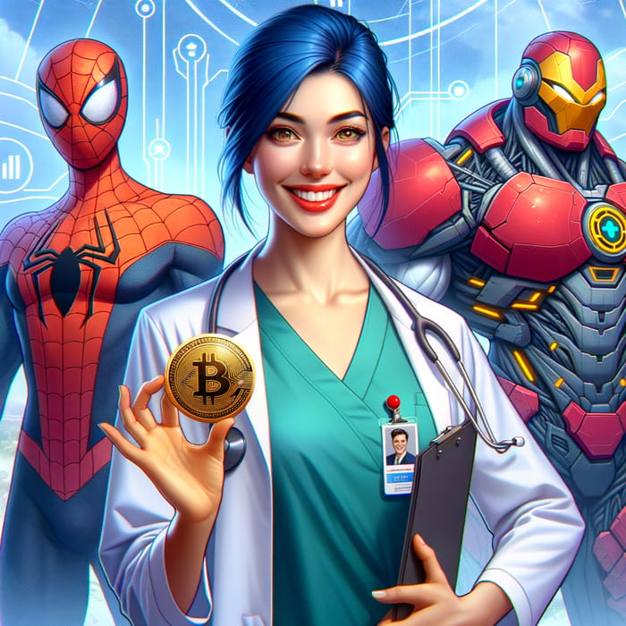 Young Doctor in Blue Hair with Bitcoin, Superheroes in Background