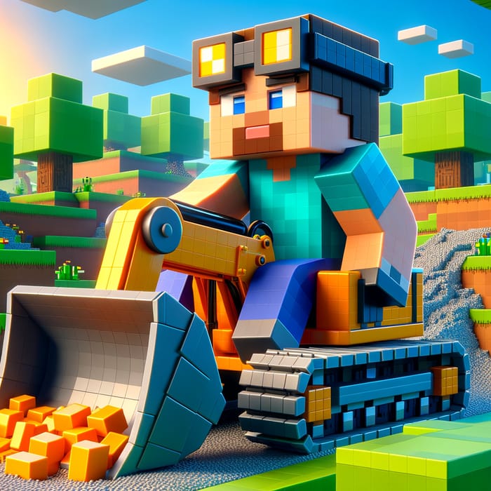 Minecraft Digger: Stunning 3D Illustration of Steve Operating Pixelated Digger