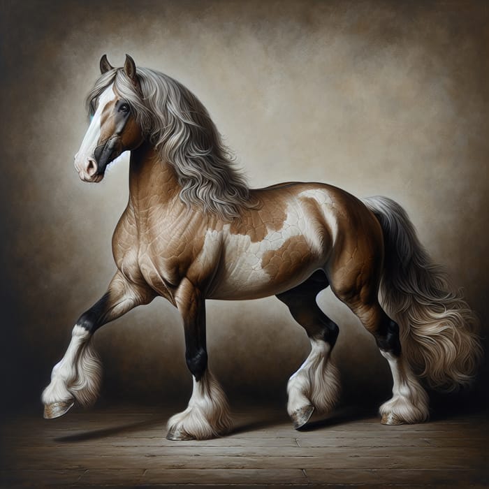 Antique Style Full-Length Horse Oil Painting in Shades of Brown and Beige