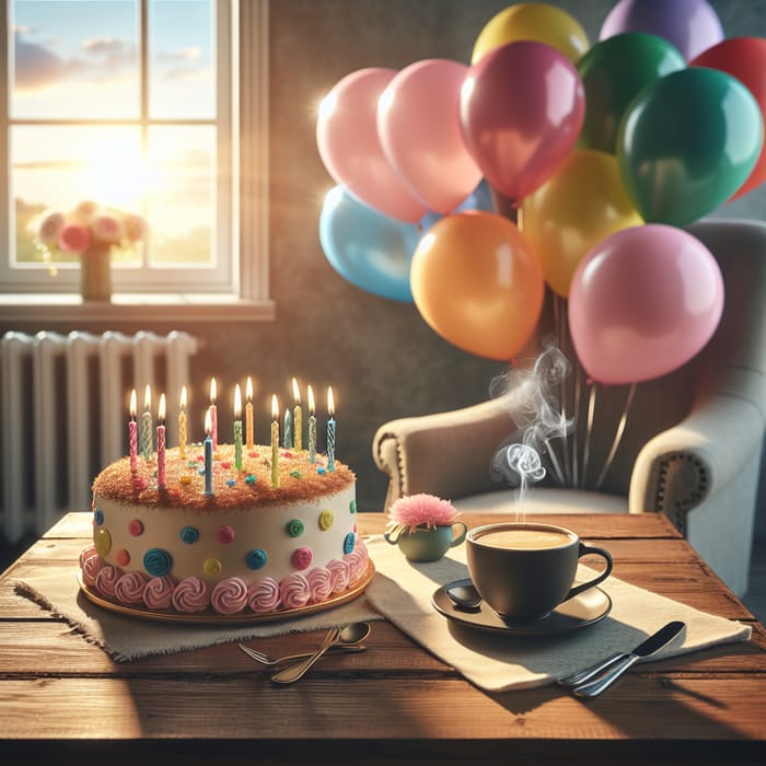 Cozy Birthday Celebration with Cake, Coffee & Balloons