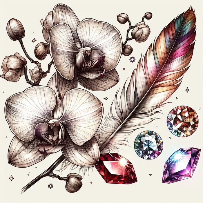 Feather Birthstone Orchids Tattoo Design