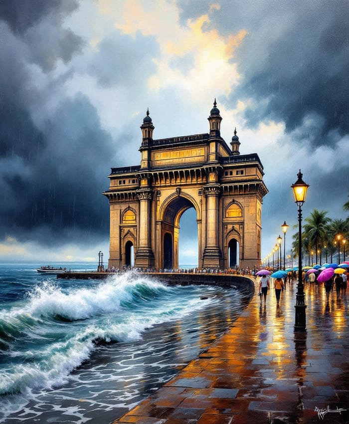 Gateway of India: A Rainy Day Oil Painting