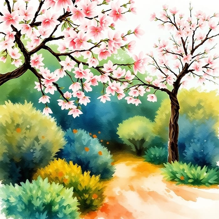 Serene Cherry Blossom Garden Watercolor Art