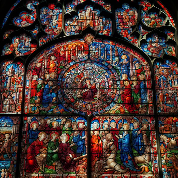 Medieval Stained Glass Window Scene | Religious Symbols & Figures