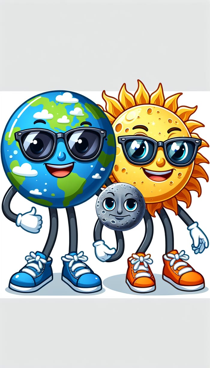 Anthropomorphized Earth, Moon, Sun Cartoon Illustration