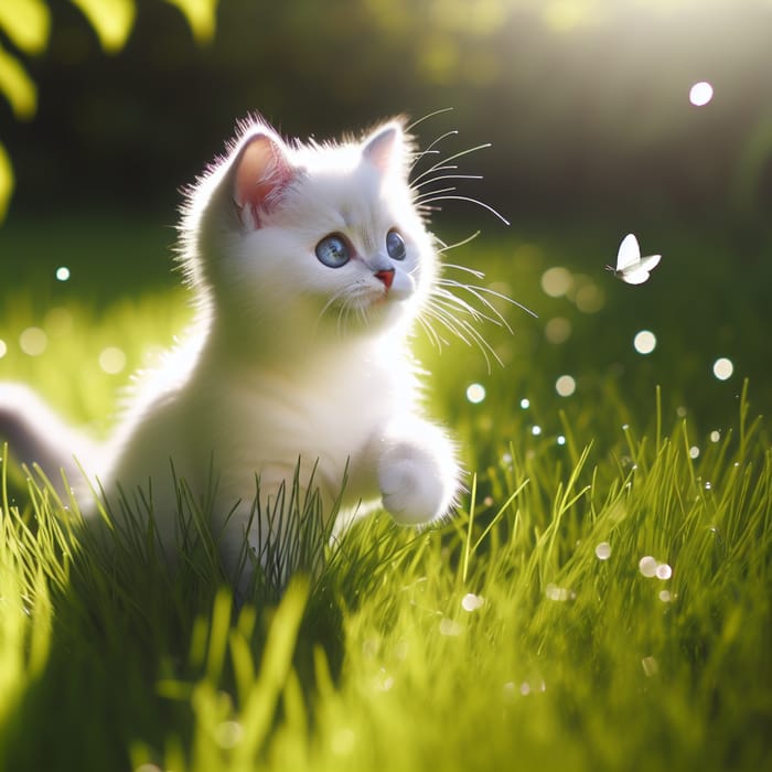 Playful White Cat in Grass | Nature Scene