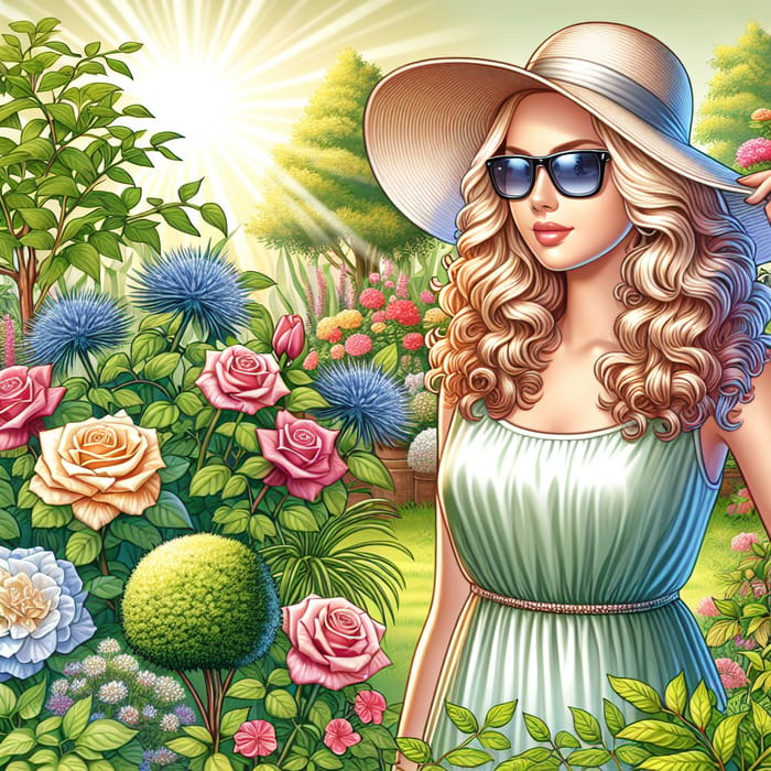 Graceful Woman in Enchanting Garden | Dress & Sunhat