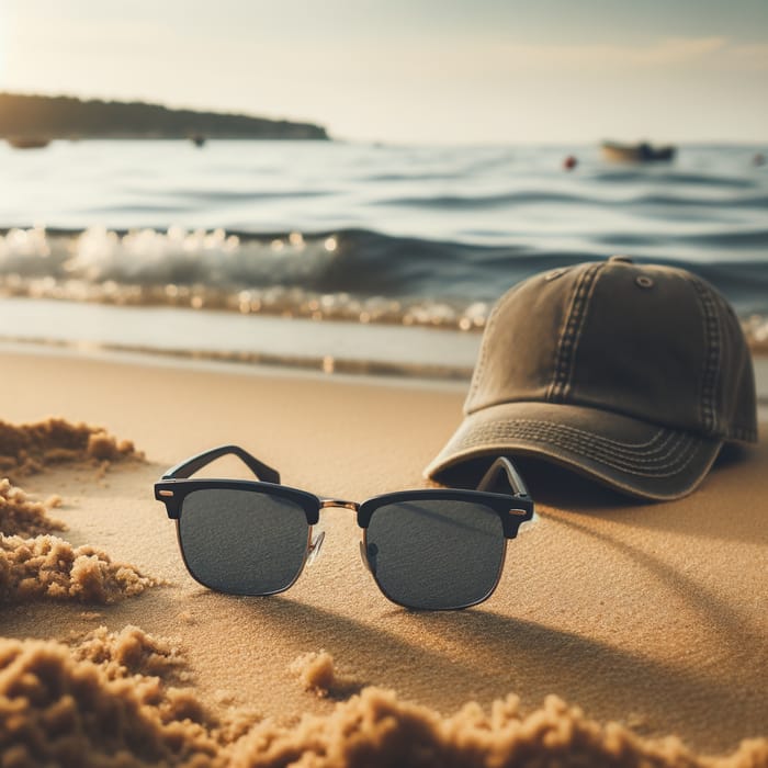 Men's Sunglasses on Beach with Cap Near the Sea