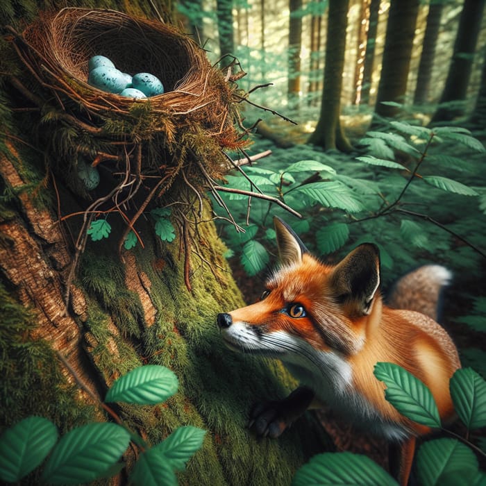 Fox Trying to Steal Eggs in Emerald Forest