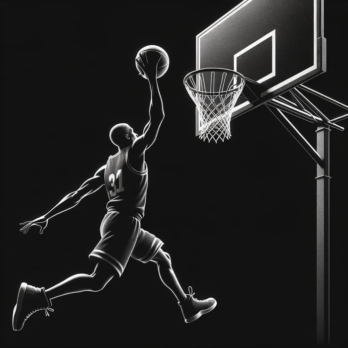 Black Background Basketball Player Leaping into Hoop