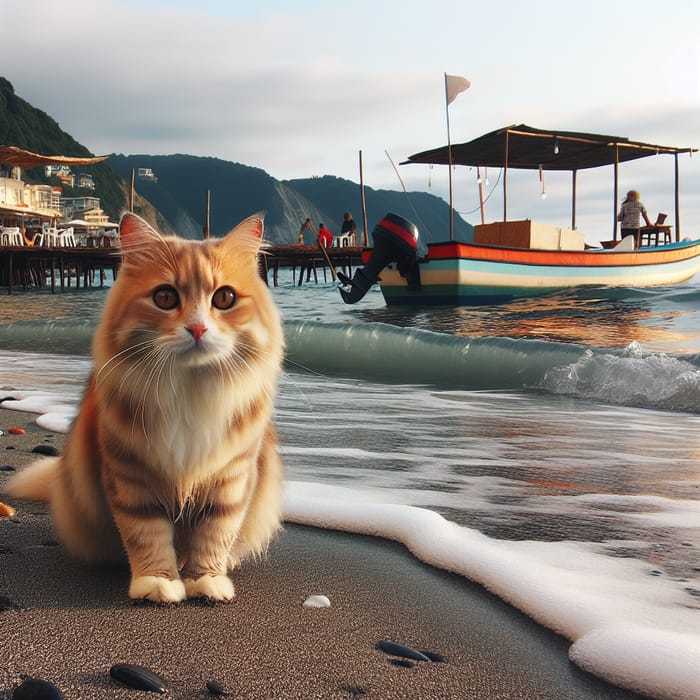 Cat on Seashore: Serene Coastal Scene