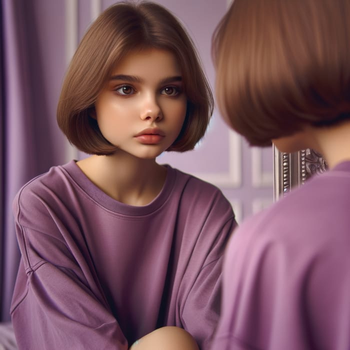 Teenage Girl in Purple Room Admiring Her Reflection