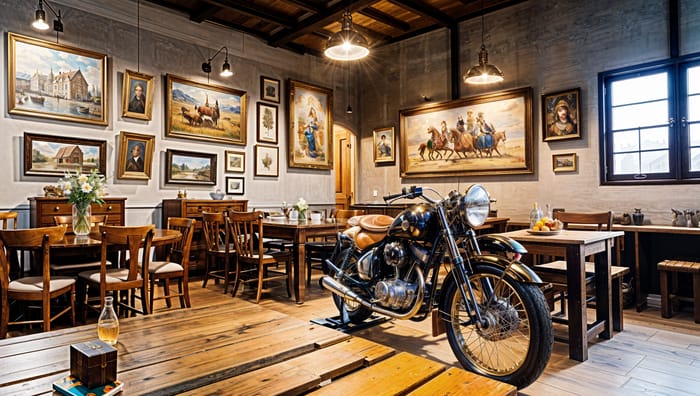 Charming Vintage Coffee Shop with Motorcycle Centerpiece