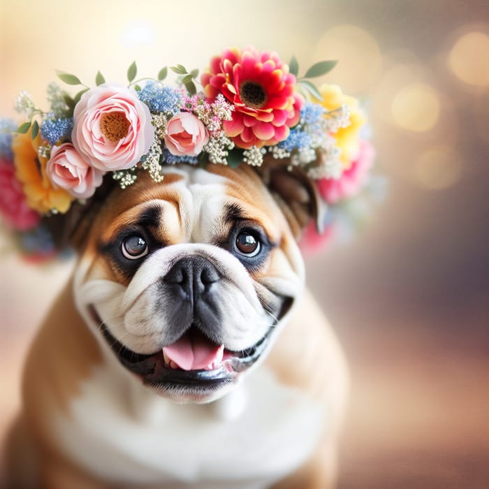 Adorable Bulldog with Flower Crown - Charming Portrait