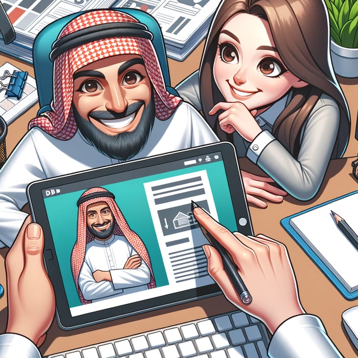 Smiling Character Overlooking Designer with Website in Progress Smiling Character Overlooking Designer with Website in Progress