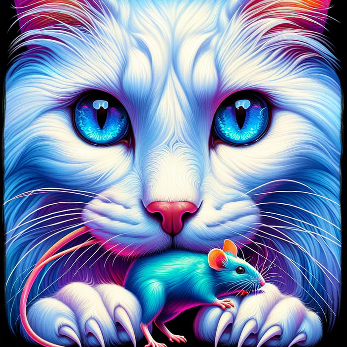 Majestic White Cat Painting: Intense Gaze & Vibrant Hunt