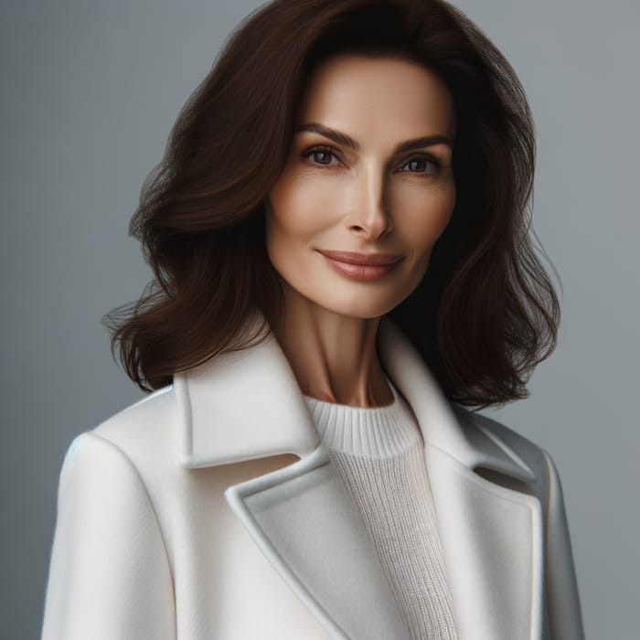 Elegant Mature Brunette Woman in White Coat Standing Tall and Smiling