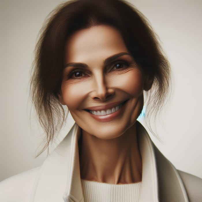 Joyful Tall Brunette Woman in 60s | White Coat Smiling