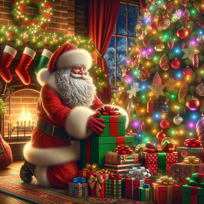 Festive Christmas Scene with Santa Claus, Tree, and Gifts