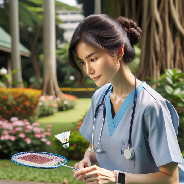 Nurse Playing Badminton: Focus and Fun in Nature