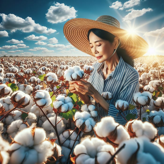 Sunny Cotton Field with Female Farmer