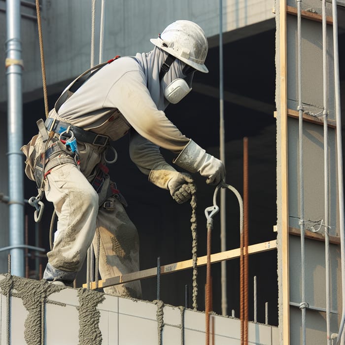 Korean Construction Worker Casting Wall Concrete on a Sunny Day