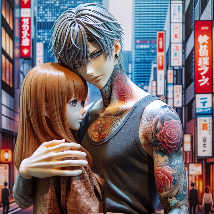 Mitsuya Takashi Lookalike Embracing Chestnut-Haired Girl in Urban Tokyo