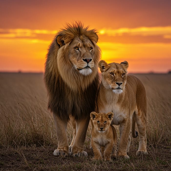 Realistic Lion Family at Sunset