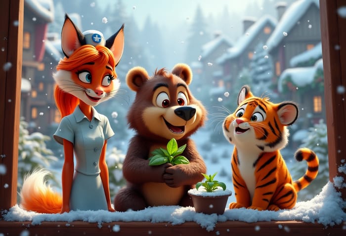 Whimsical Winter Fun: Vixen, Bear & Tiger in Pixar Style