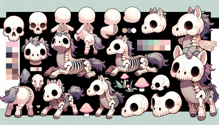 Chibi Undead Skeleton Plush Horse Reference Sheet: Cute & Whimsical Design