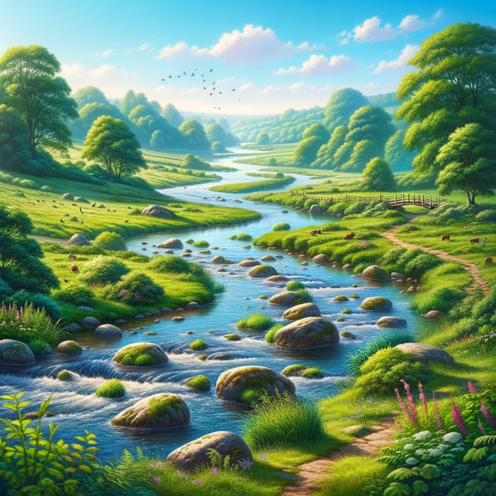 Tranquil River Landscape in Lush Countryside