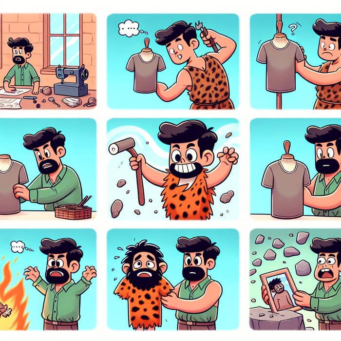 Comic Strip: Caveman's Fashion Journey with Designer