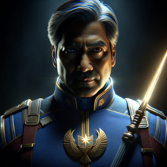 Futuristic Hero in Royal Blue Uniform with Spear