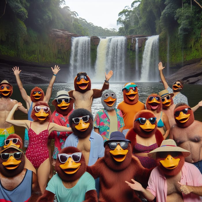 Platypus People Gathering by Waterfall in Beach Attire